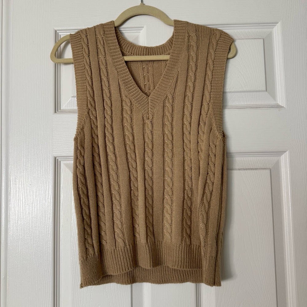 SHEIN Tan Cable Knit V-Neck Sweater Vest